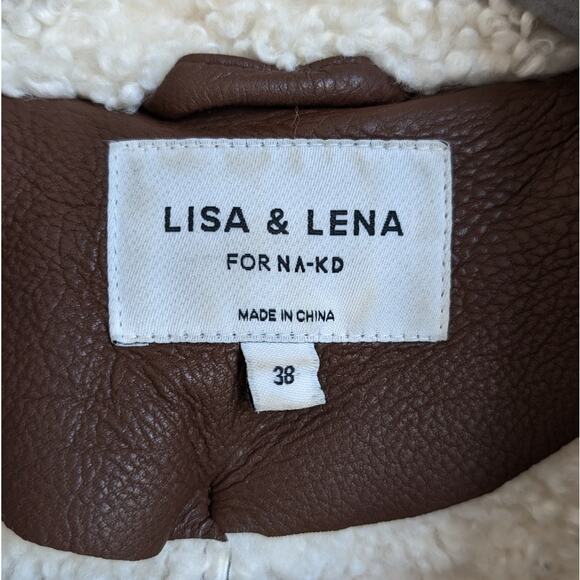 NA-KD Lisa & Lena Brown Aviator Teddy Faux Leather Button Jacket, sz EU 38/US 8 - Picture 4 of 13
